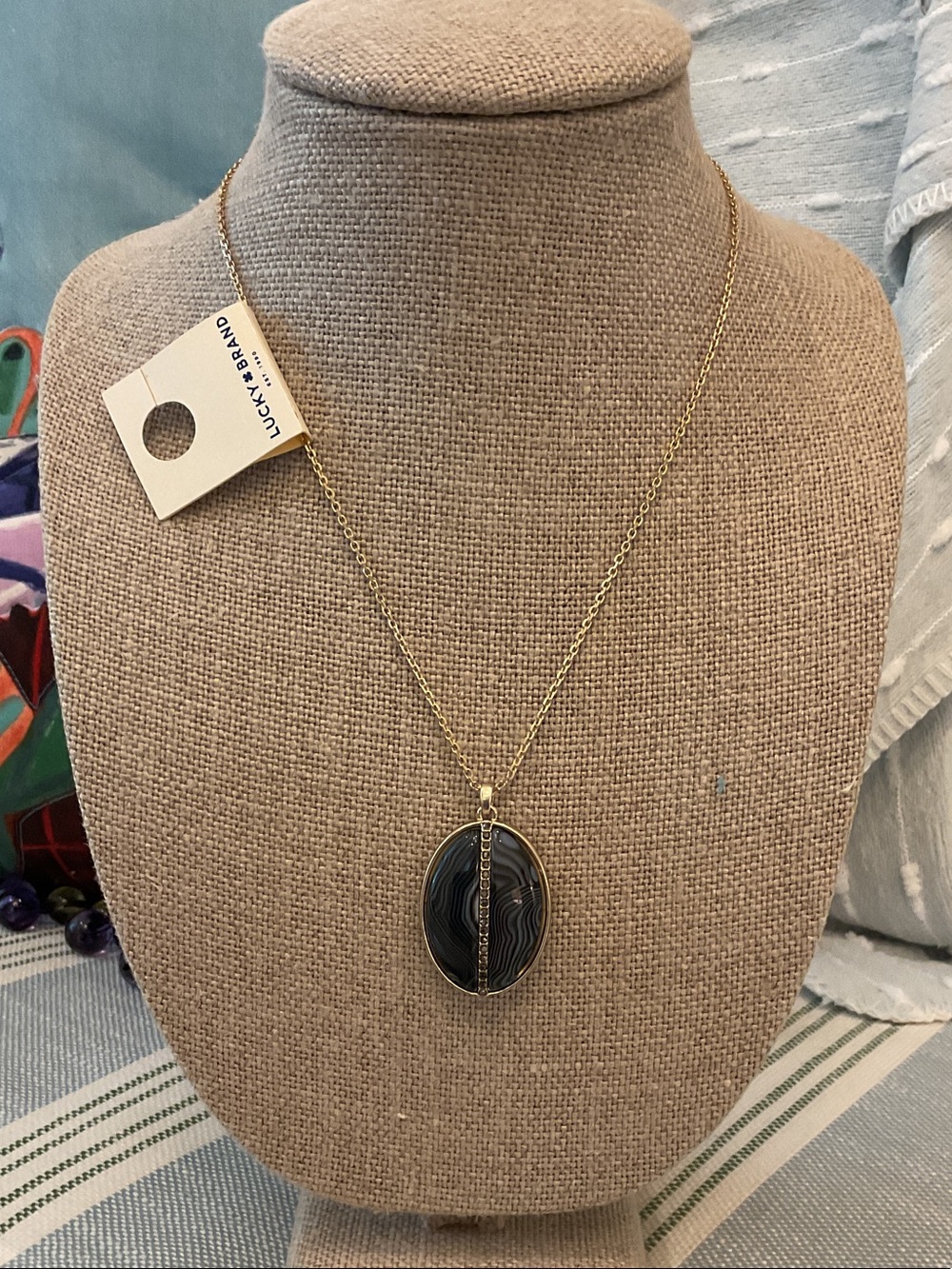 Lucky Brand Gold-Tone Black Agate and Mother of Pearl Pendant Necklace